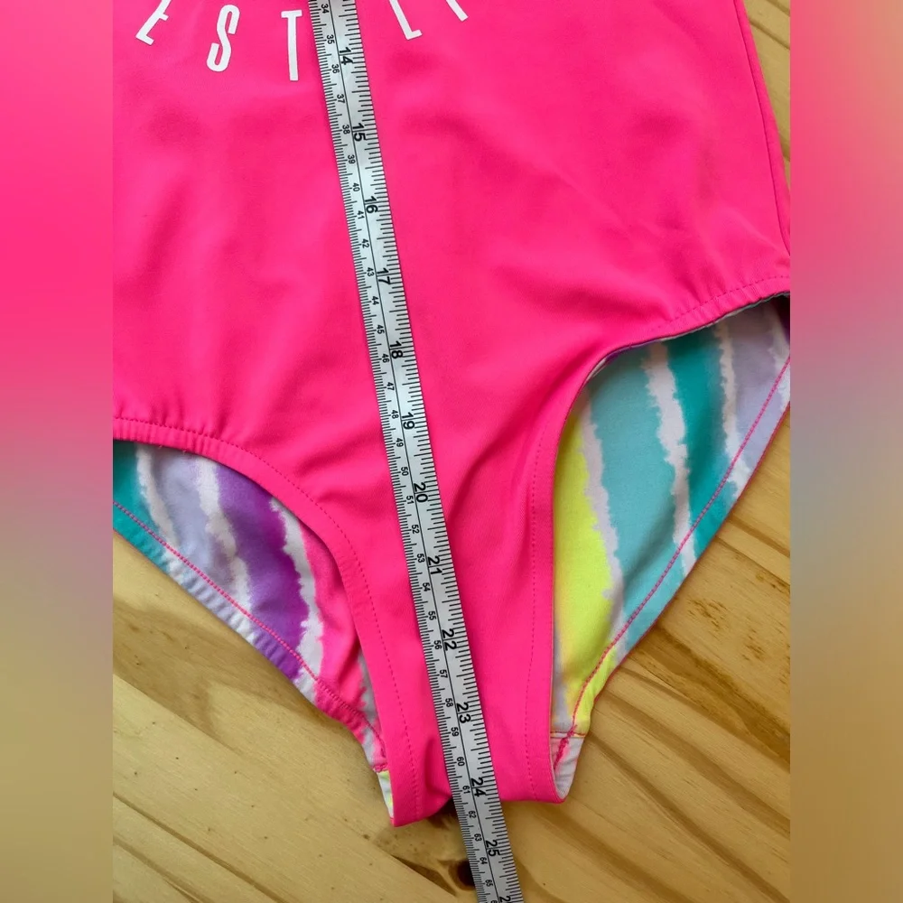 Girls Bright Pink & Rainbow Stripe Reversible Justice Swim Suit Sz 10/12